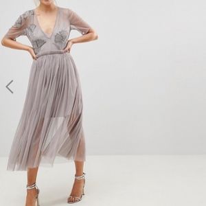 Embellished Deep Plunge Mesh Midi Dress